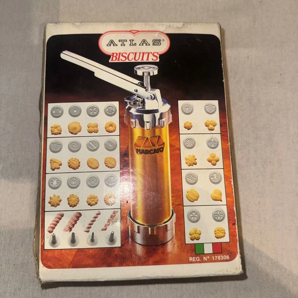 Vintage Marcato Atlas Biscuits Cookie Press Gold Made in Italy 20 Discs 4 Tips